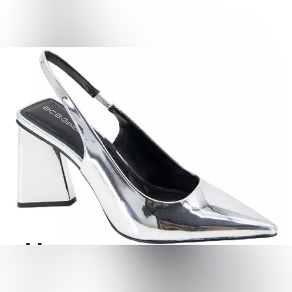 New W/O Box BCBGeneration TRINA Metallic Silver Slingback  Block Heels Sz 6 - Picture 1 of 7